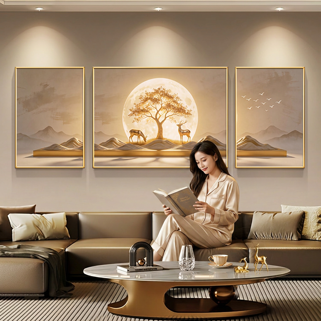 现代简约客厅装饰画三联画沙发背景墙挂画山水鹿月有框画