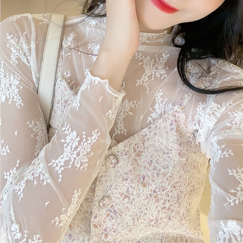 秋季半高领蕾丝衫打底衫女白色薄蕾丝衫/雪纺衫