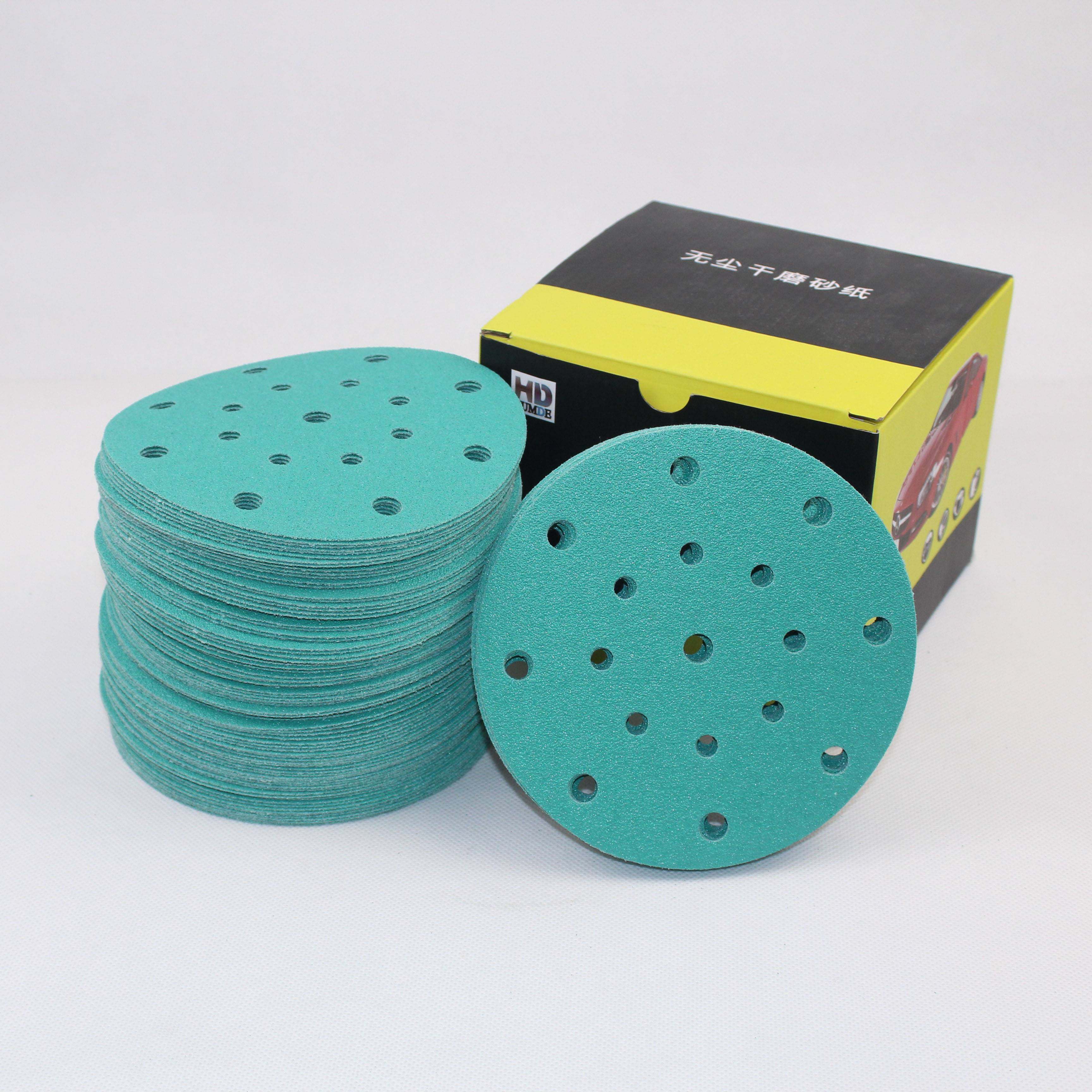 5寸6孔6寸17孔绿色胶膜植绒圆盘沙纸 拉绒汽车腻子粉打磨抛光砂