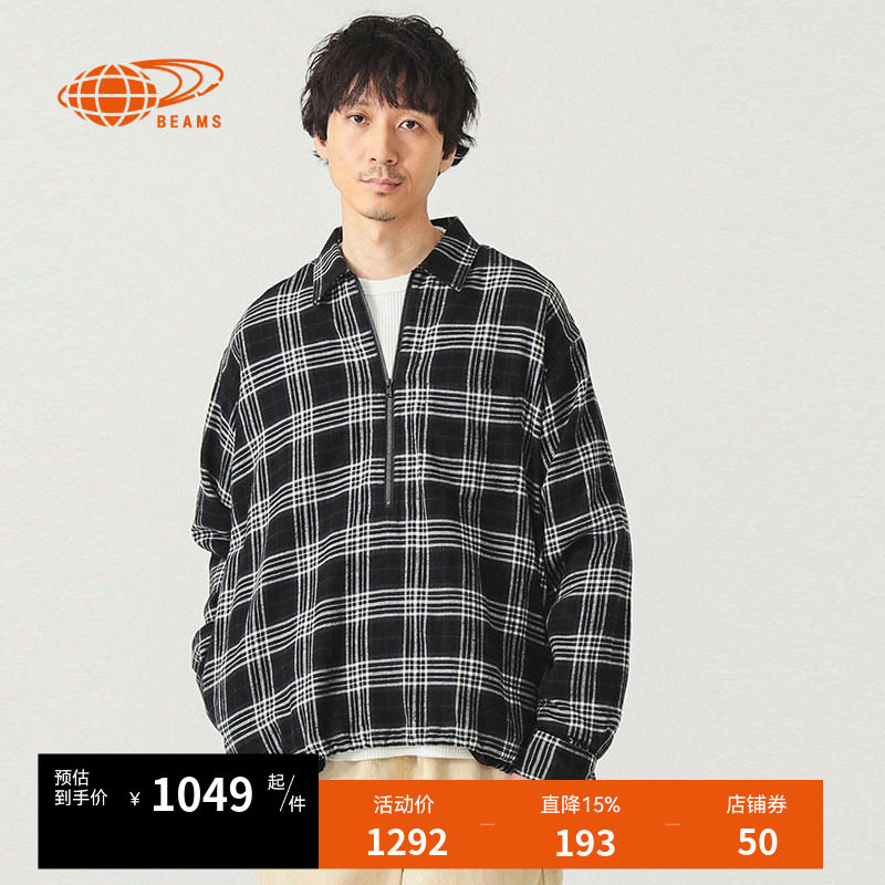 BEAMS男装半拉链格纹polo衫2025冬季新款长袖格子上衣110315XP