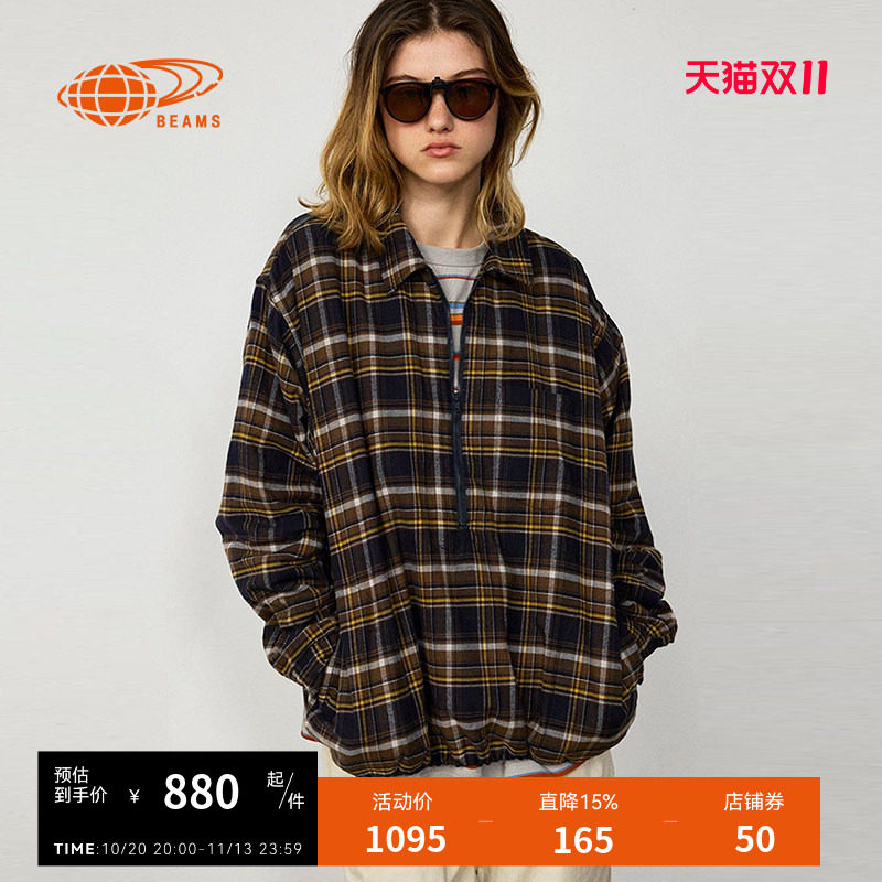 BEAMS长袖格纹polo衫时尚潮男