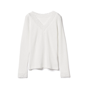 RAY BEAMS 女装新款V领纯色长袖T恤时尚洋气上衣蕾丝边内搭打底衫