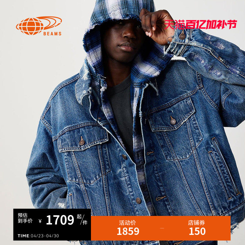 BEAMS男装连帽格纹长袖衬衫2026春季新款复古日潮格子上衣110295X