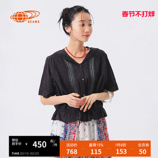 BEAMS BOY女装大翻领短袖衬衫2025冬季新款蕾丝镂空拼接短上衣