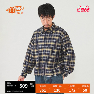 BEAMS男装长袖格纹衬衫2025春季新款复古日潮格子上衣110279XO