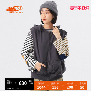 BEAMS BOY女装连帽拉链马甲2025秋季新款时尚活力无袖卫衣外搭
