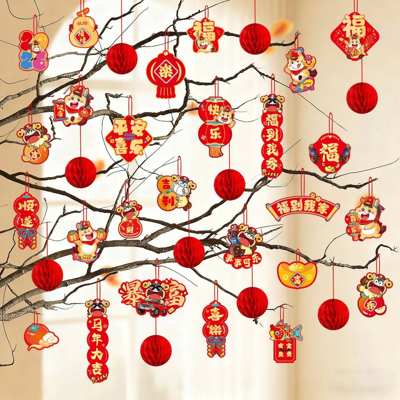 2026马年福字小挂件创意新年小灯笼装饰品春节盆景绿植小挂饰布置