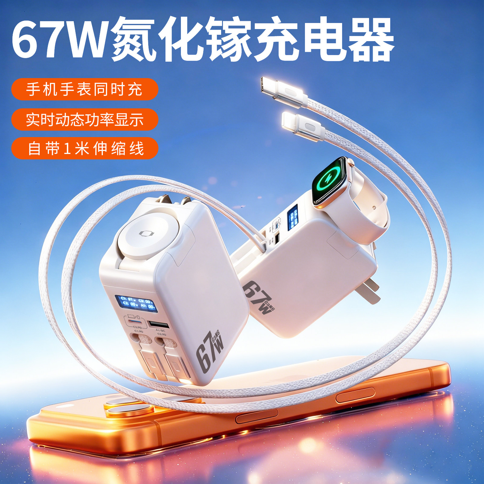 【17首选】适用iPhone17Promax苹果17华为小米67W充电器iwatch手表氮化镓自带伸缩线手机ipad快充电头三合一