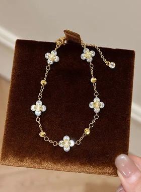 爆闪金色镭射四叶草手链女复古轻奢时尚高级感小众设计手饰