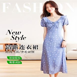 蕾丝打底衫2026新款碎花连衣裙女泡泡袖收腰V领仿牛仔日系显瘦