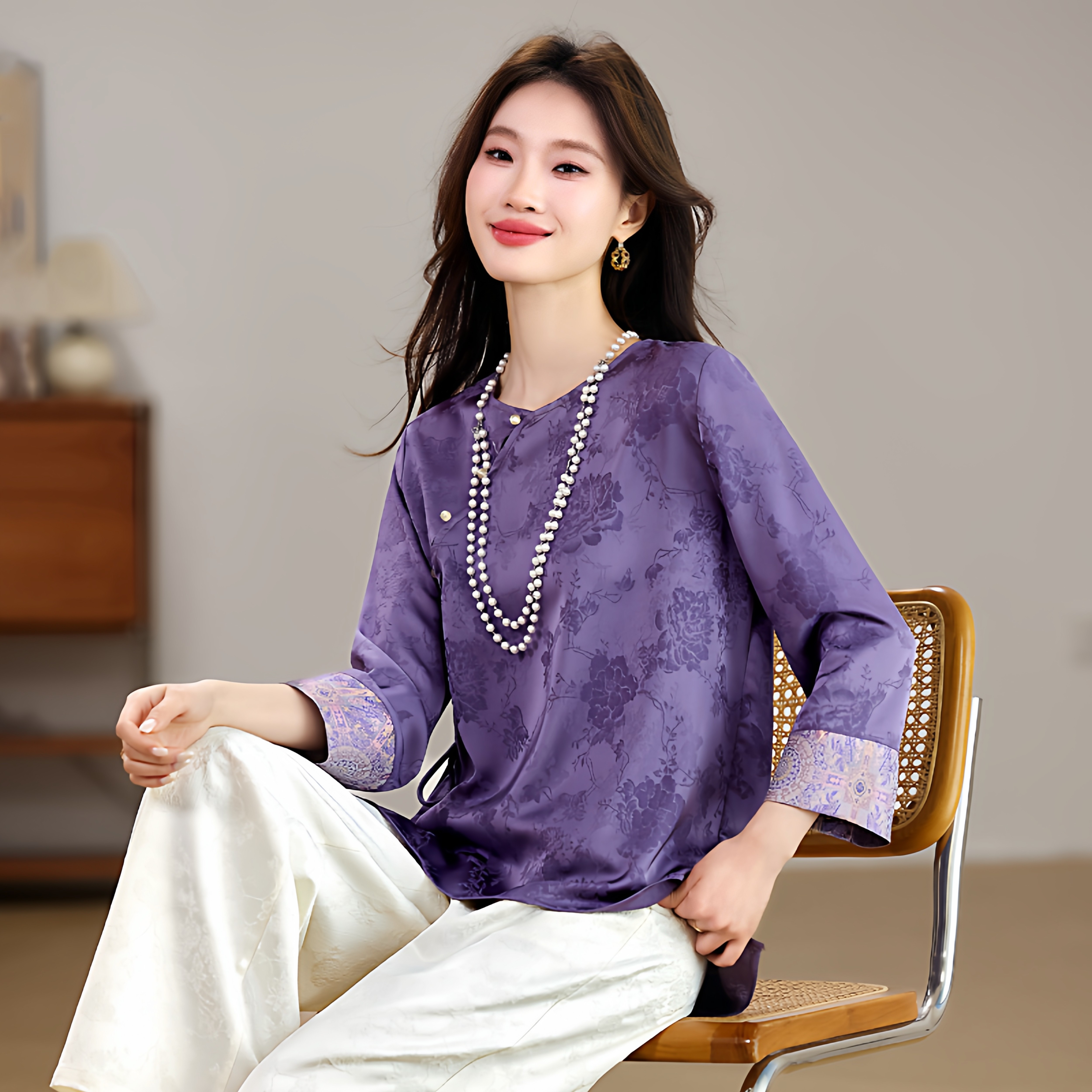 春季新款新中式刺绣花边洋气套装复古百搭圆领长袖上衣裤子两件套,女装/女士精品,时尚套装,淘宝优惠券,粉丝福利购,淘宝优惠卷