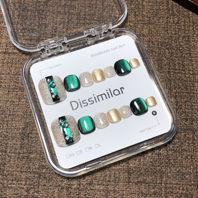 脚部穿戴甲虾线美甲贴片纯手工定制蓝绿色双光猫眼手作脚趾甲成品