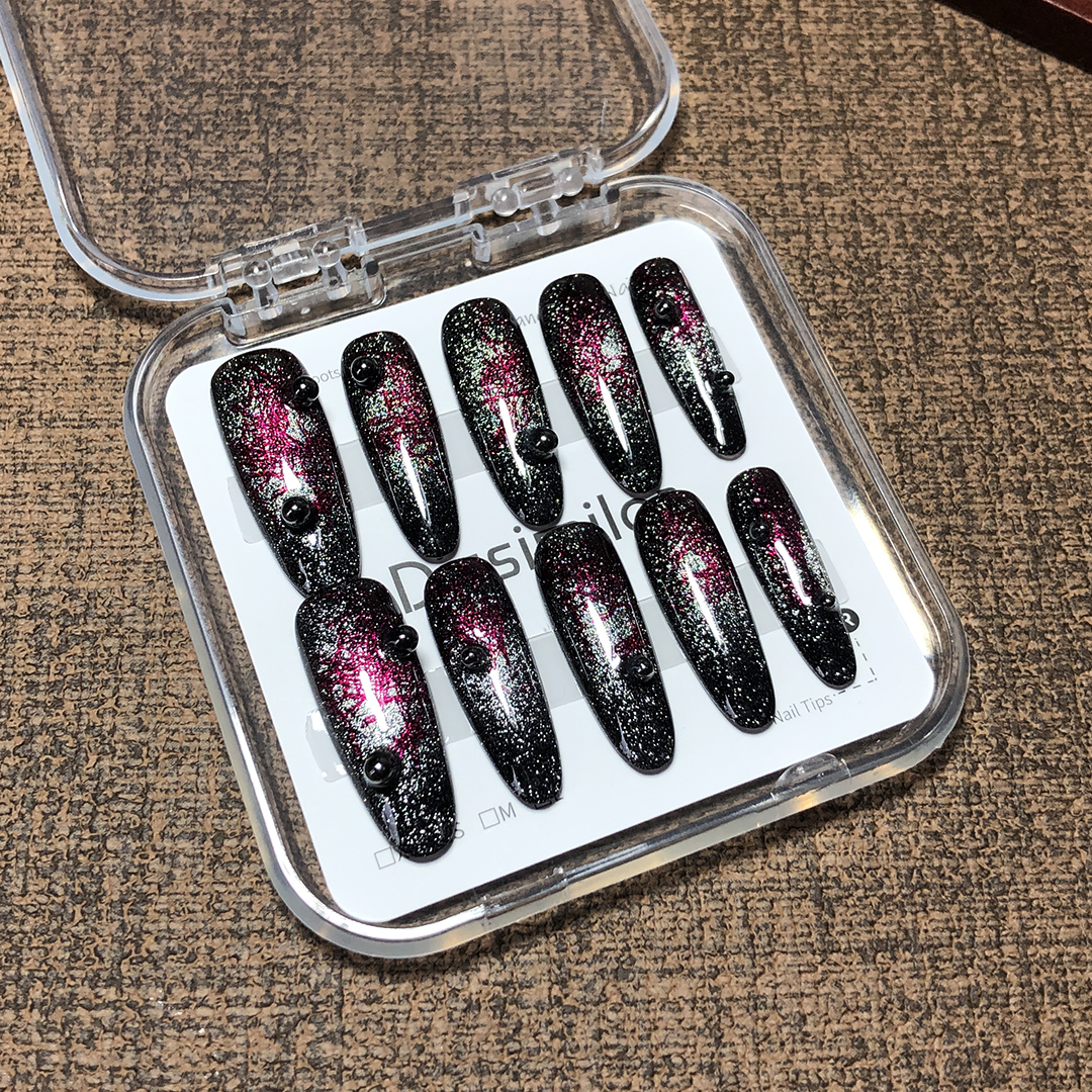 纯手工小众穿戴甲黑色猫眼蕾丝手作美甲贴片成品黄黑皮显白中长款