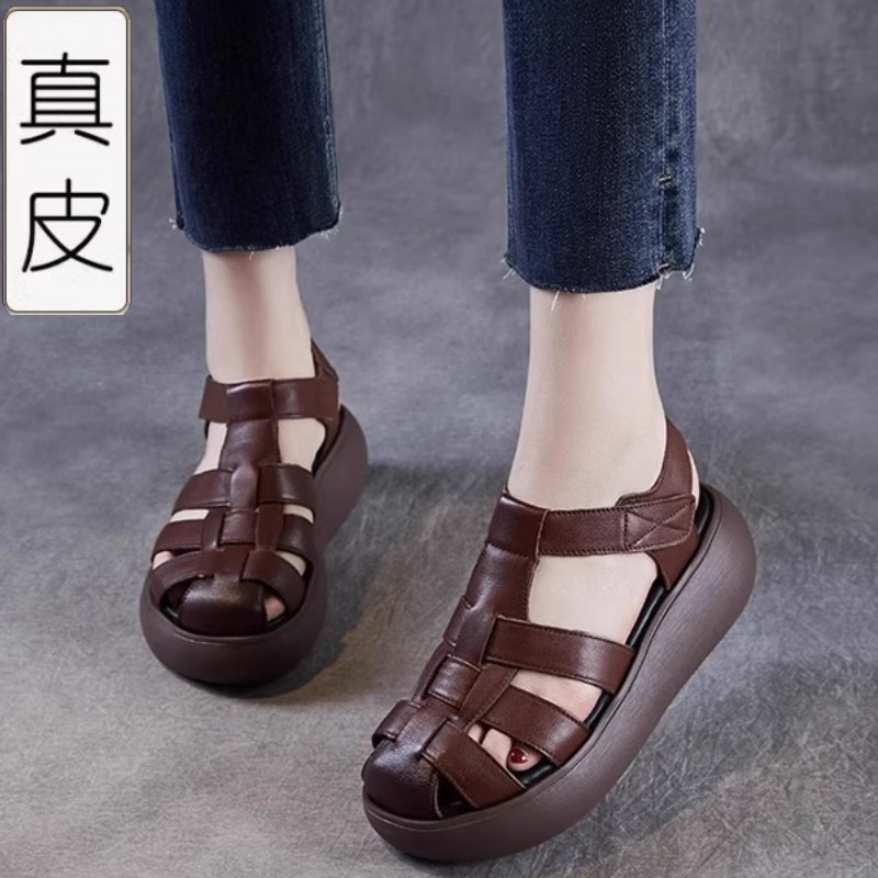 真皮包头罗马凉鞋女款2025新款夏季厚底猪笼编织复古休闲镂空凉鞋