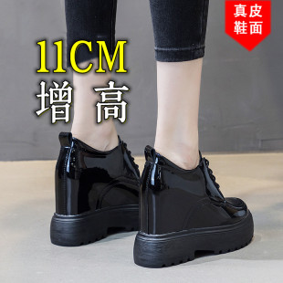 黑色漆皮女鞋 坡跟小个子女士真皮高跟鞋 11公分亮面小皮鞋 增高鞋
