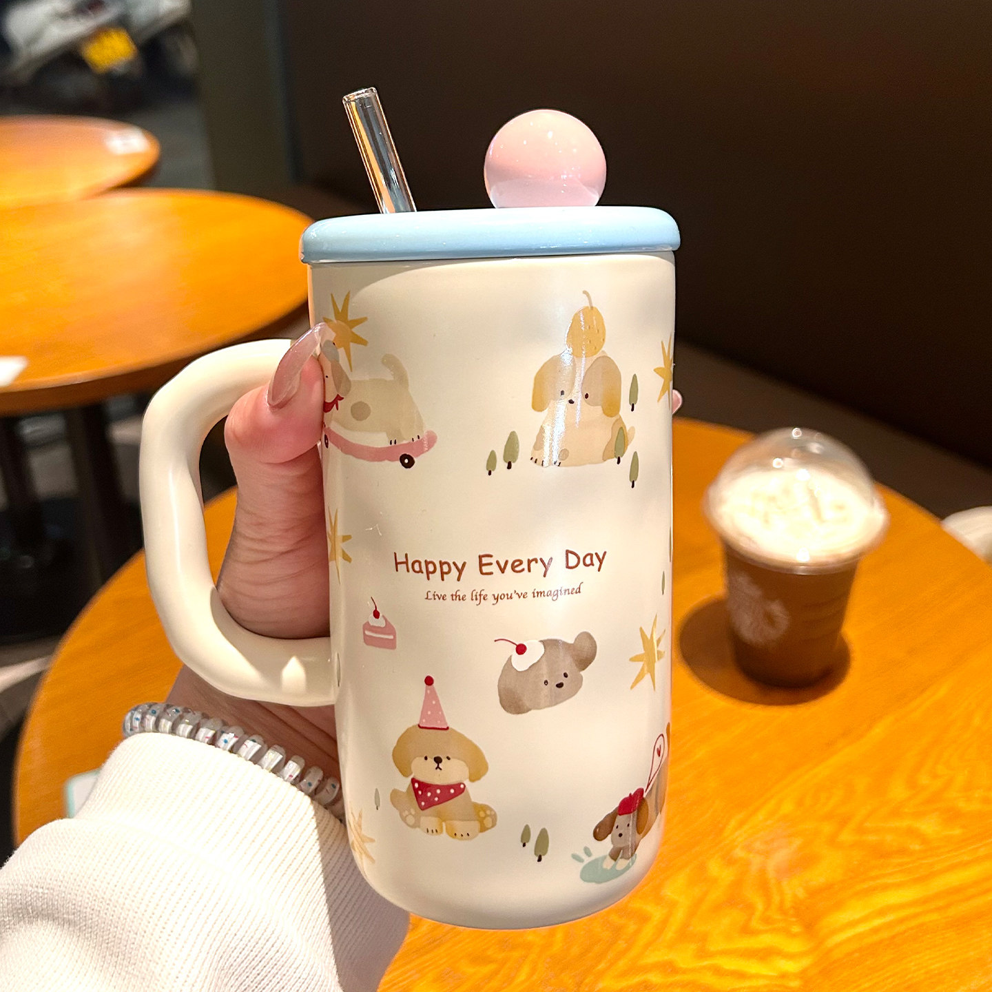 吸管杯子马克杯高颜值水杯带盖女可爱陶瓷杯家用办公室咖啡早餐杯