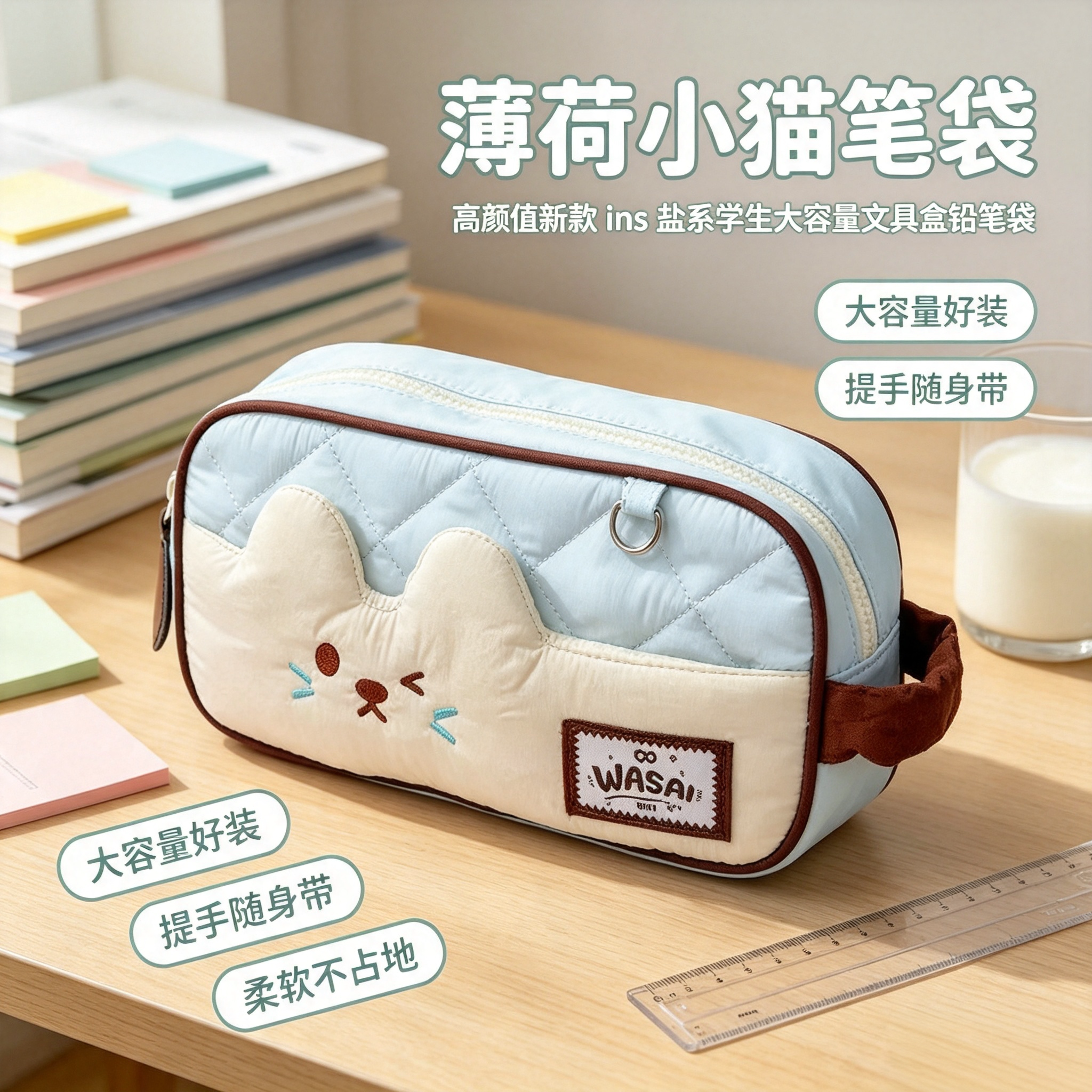 可爱机灵猫咪笔袋ins高颜值文具收纳袋大容量小众卡通文具收纳袋