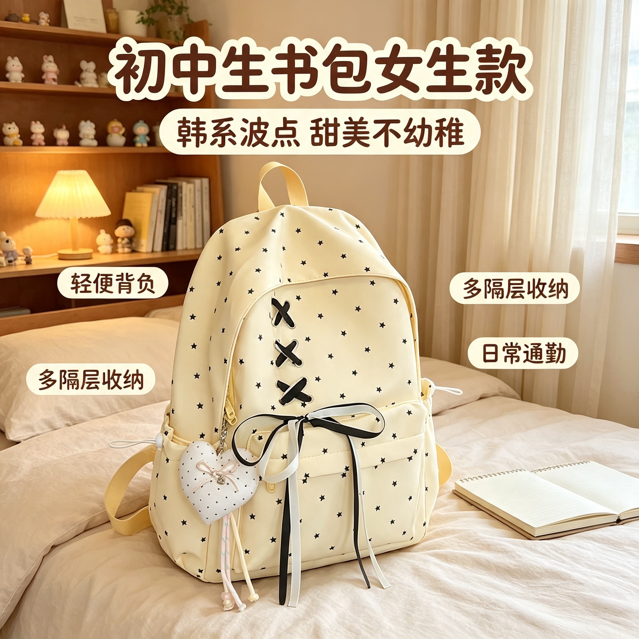 高颜值森系小众波点初中生书包女蝴蝶结大容量ins小众校园双肩包