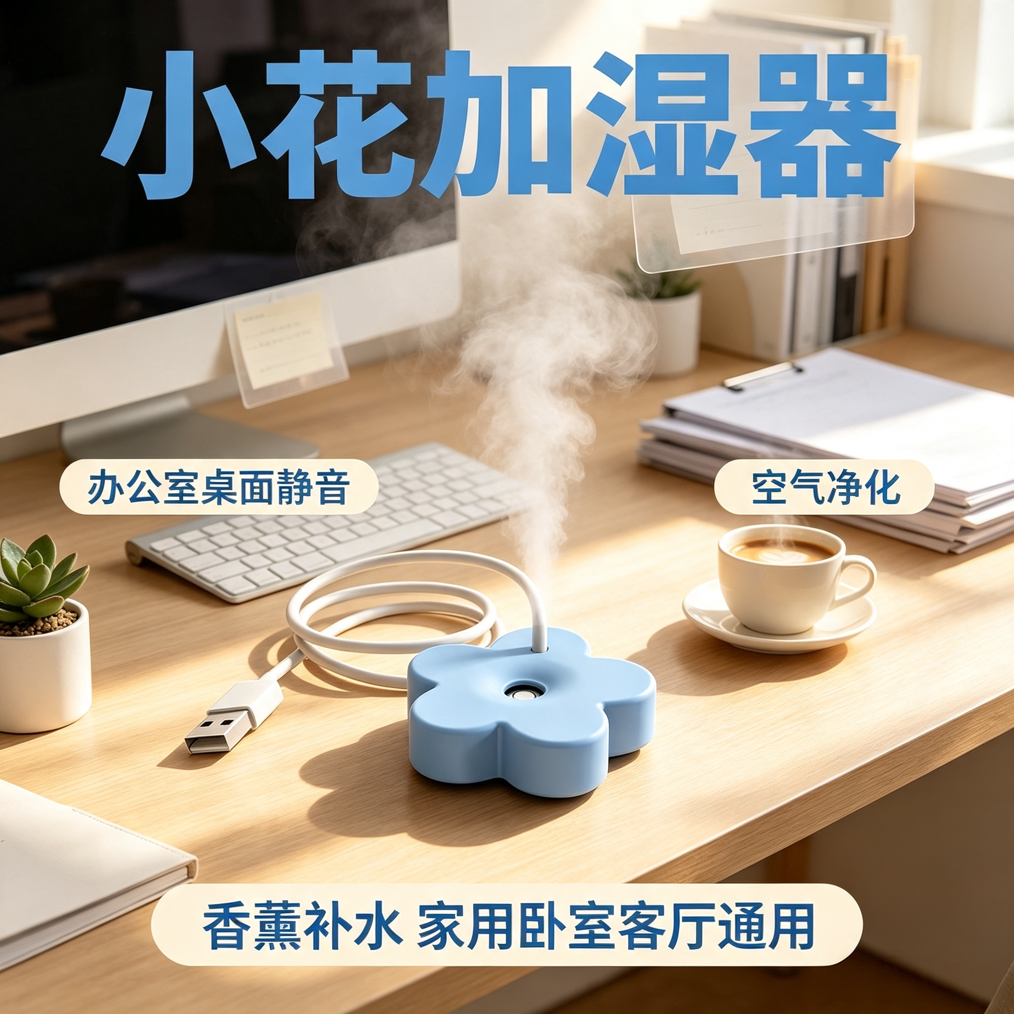 USB创意迷你小花恒湿加湿器补水便携宿舍旅行家用静音0.3L雾化器
