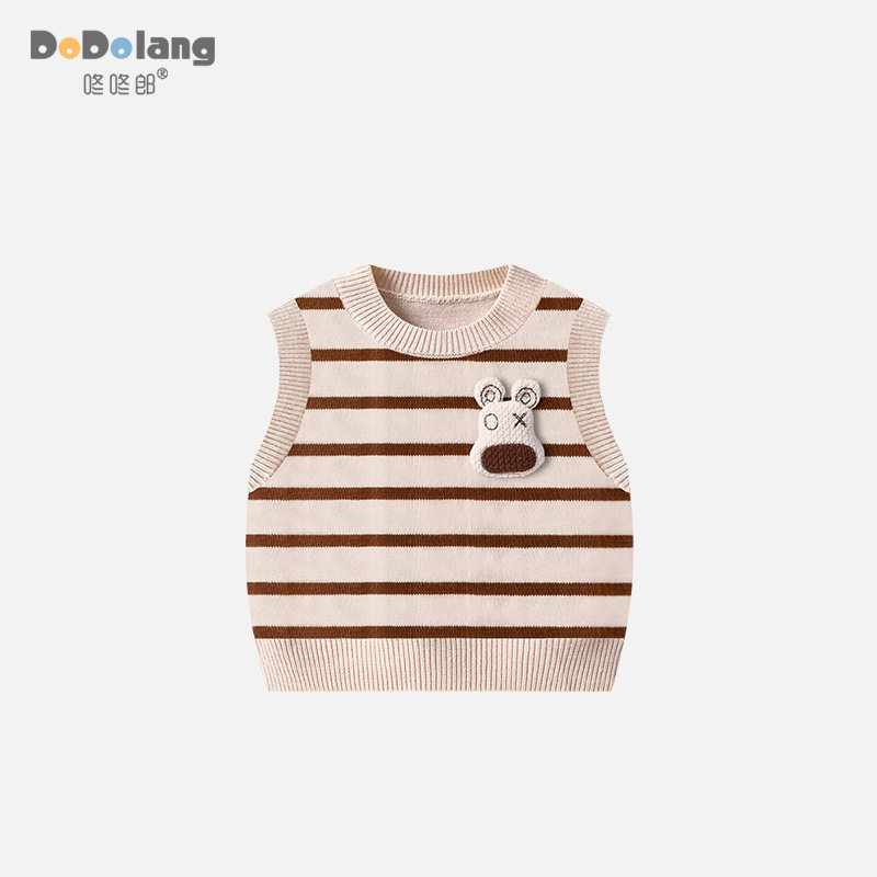 春秋新款婴儿宝宝套头小狗狗针织马甲男女童条纹棉纱背心打底童装