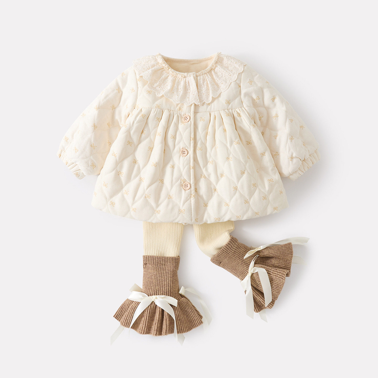 婴幼儿甜美蝴蝶结绗棉外套女宝宝冬季新款加绒打底衫毛线裤三件套