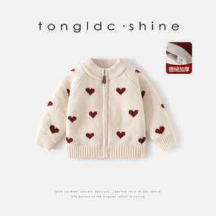 女童毛衣超好看加绒上衣2025新款洋气开衫红色毛线衣针织打底衫冬
