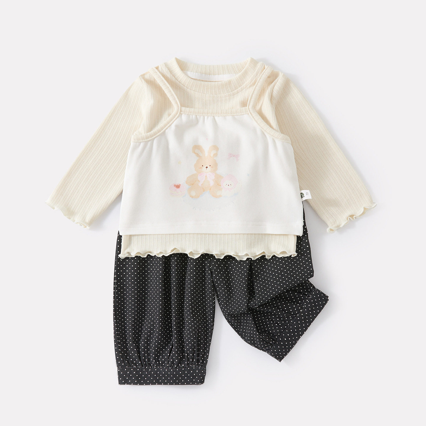 婴幼儿秋季新款韩版简约打底衫卡通吊带女宝宽松圆点束脚裤三件套