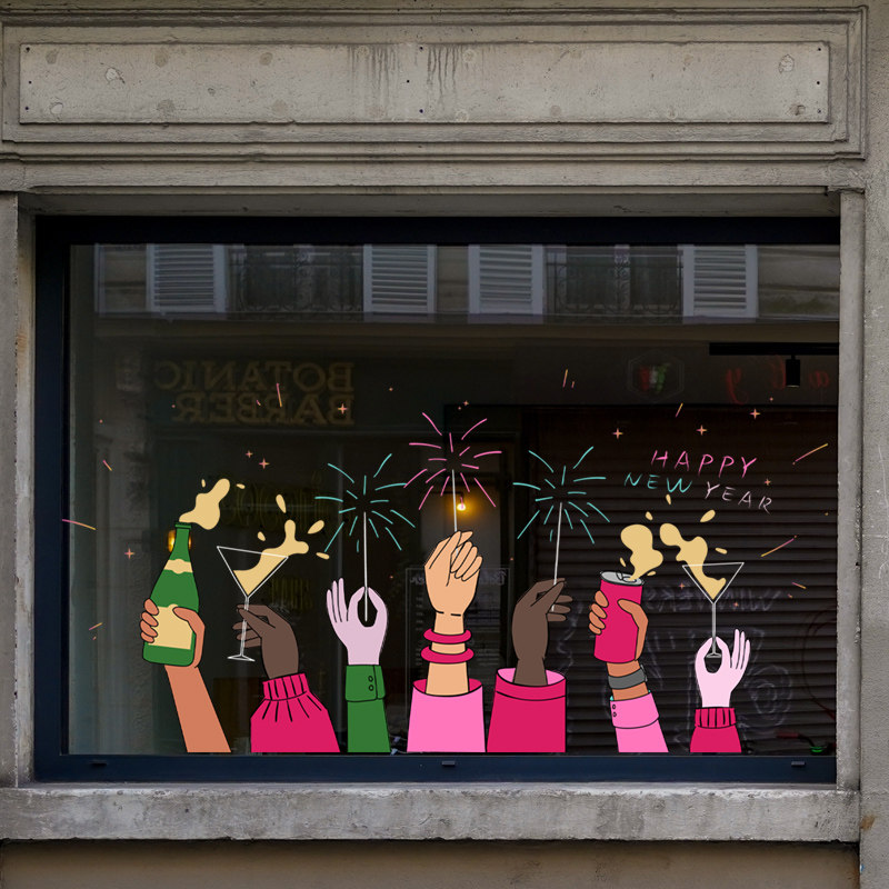新年快乐装饰静电贴纸酒吧餐厅饭店玻璃橱窗幕墙装扮布置春节氛围,家居饰品,软装墙贴,淘宝优惠券,粉丝福利购,淘宝优惠卷