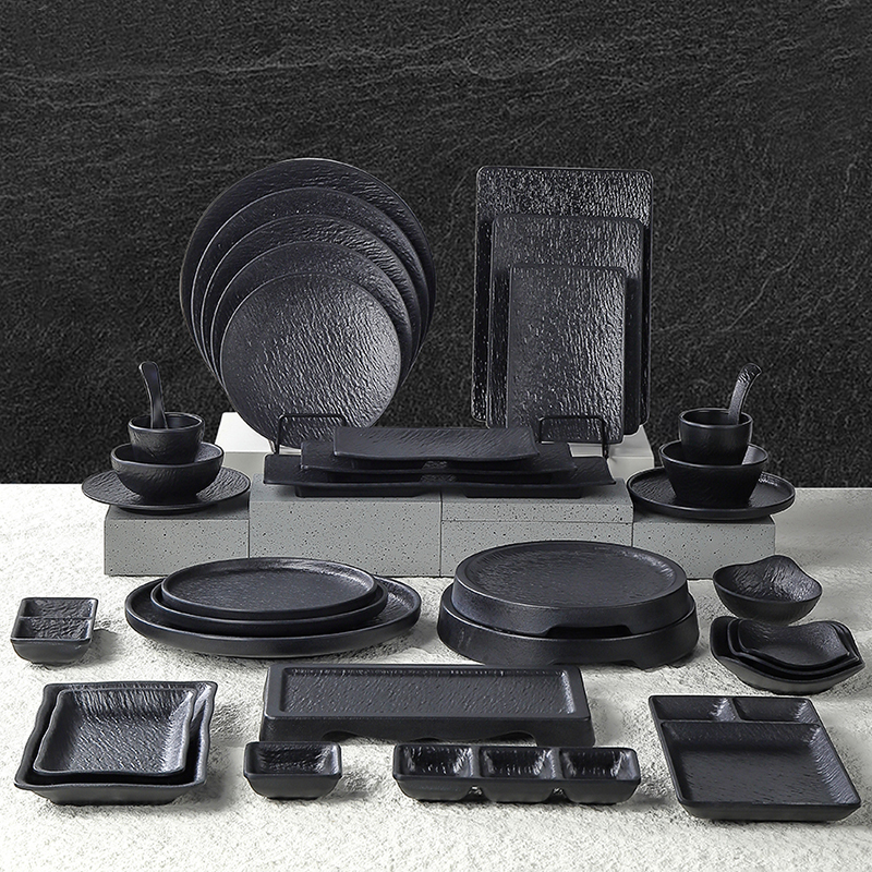 密胺日式餐厅黑色磨砂火锅烧烤店凉菜盘子商用摆台餐具自助烤肉店