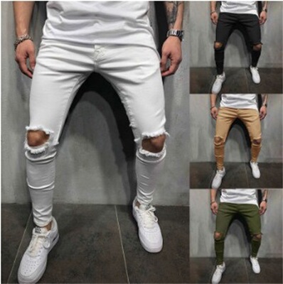 autumn white sweat pants men jeans man Knee holes trousers