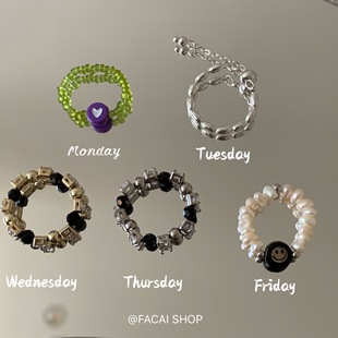 FACAISHOP 绿色串珠戒指复古彩色ins少女风小众设计感高级潮指环