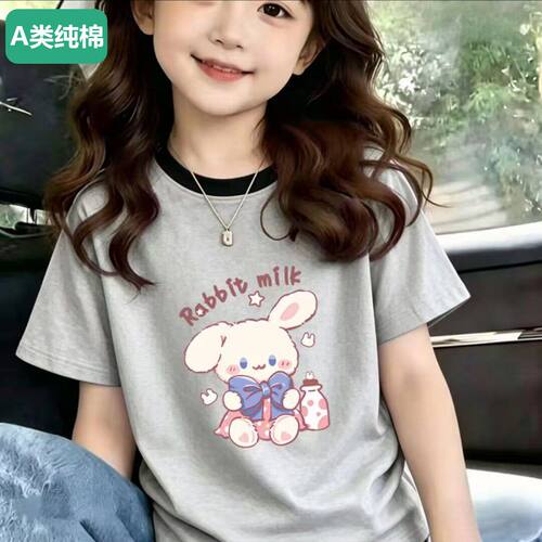全棉女童100%纯棉短袖T恤新款中大童圆领卡通印花上衣夏季宝宝t恤