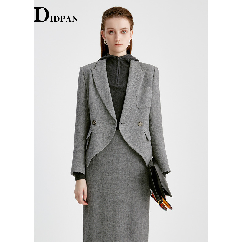 IDPAN毛呢短极简西装外套25冬简约大气时尚个性高级感灰西服