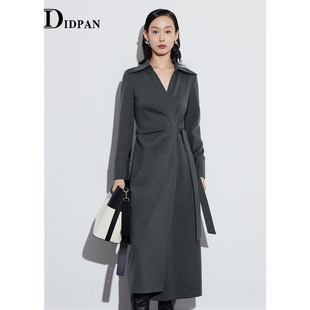 v字大翻领设计围裹式 新款 毛呢羊毛裙子女 连衣裙秋季 IDPAN长袖