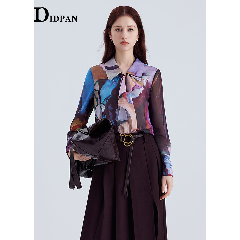 IDPAN长袖飘带衬衫女2025季新款设计感法式印花衬衣上衣