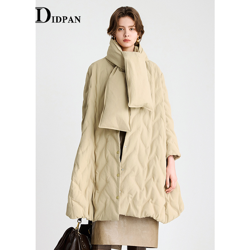 IDPAN中长款羽绒服冬季新款宽松质感搭配可拆卸围巾女式外套
