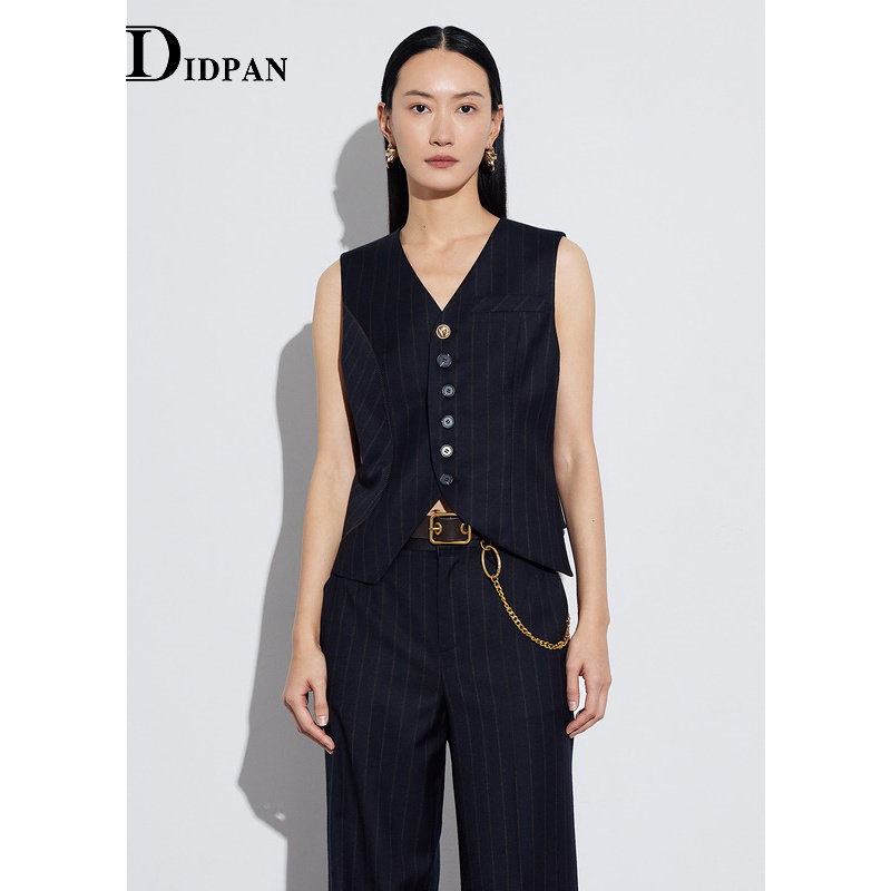 IDPAN无领西装马甲秋季新款时尚干练通勤气质v领高品质羊毛马夹女