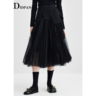 通勤搭配设计感腰封风琴褶裙子女 时尚 IDPAN网纱半裙冬季 新款