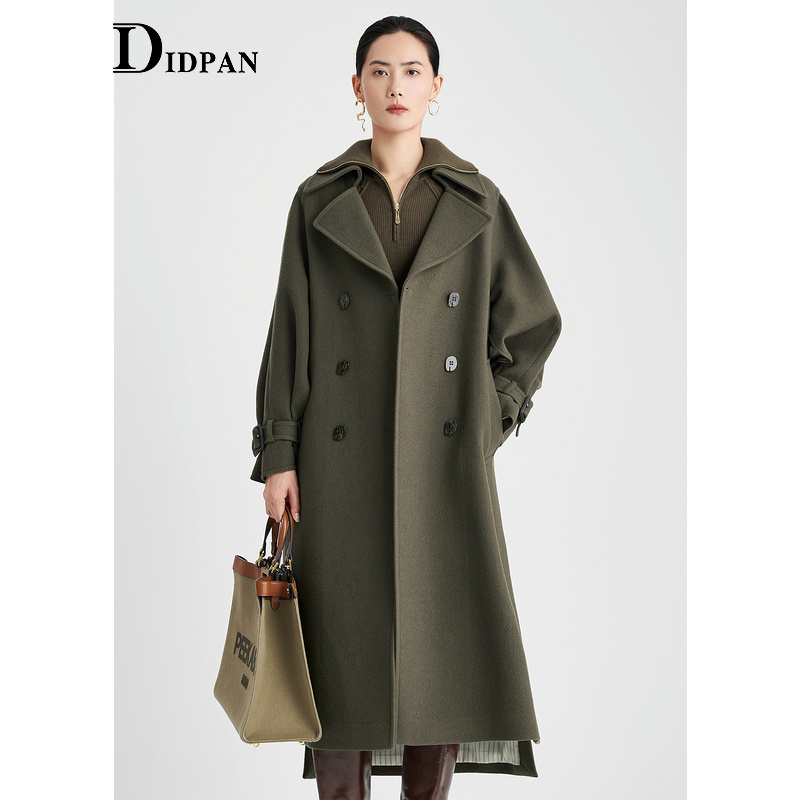 IDPAN双排扣风衣式长大衣冬季新款时尚气质通勤纯羊毛外套女