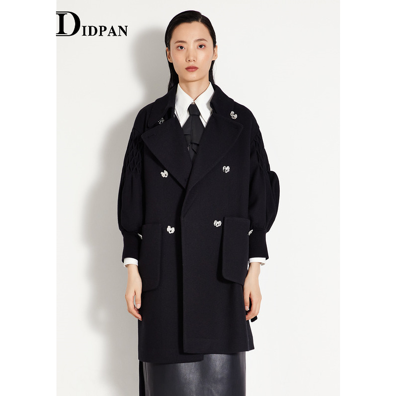 IDPAN黑色大衣冬季新款时尚气质通勤双排扣中长款毛呢外套女