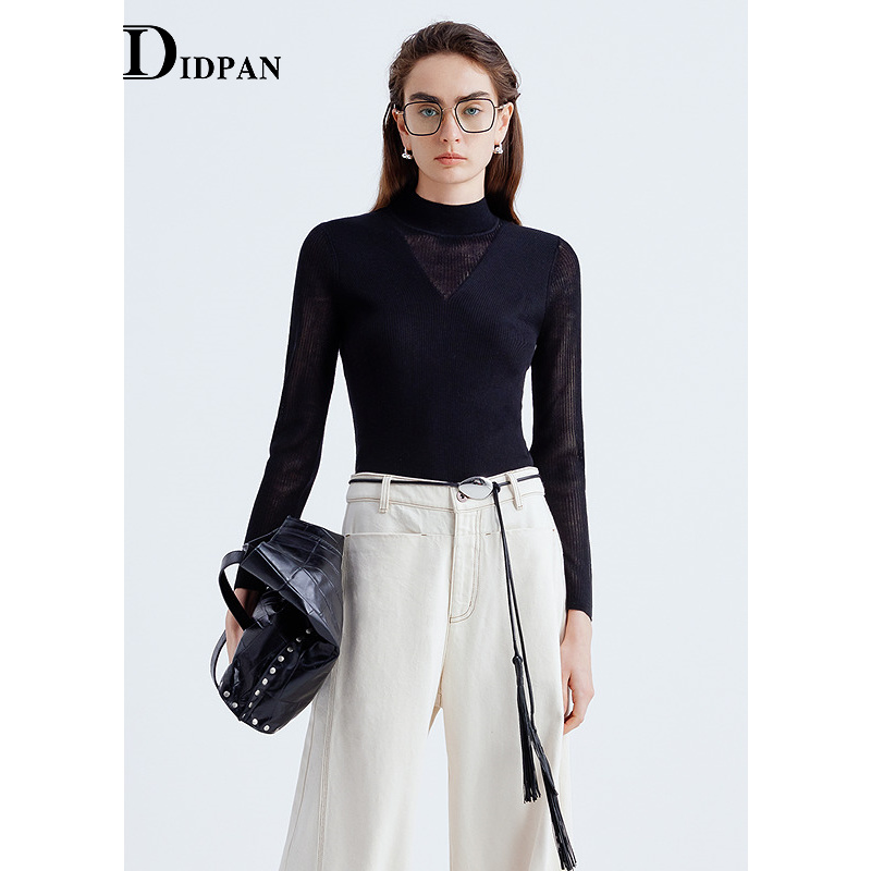 IDPAN拼接微透半高领针织衫上衣修身打底羊毛衫2025秋季新款