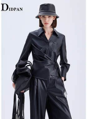 IDPAN女装新款帅气通勤显瘦V字翻领皮衣衬衫酷飒长袖上衣女