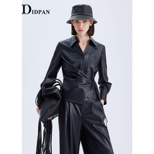 酷飒长袖 帅气通勤显瘦V字翻领皮衣衬衫 上衣女 新款 IDPAN女装