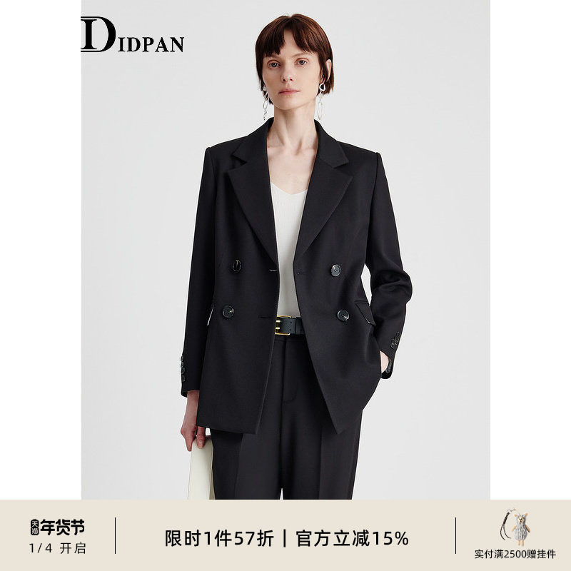 IDPAN极简西装外套女新款黑色休闲修身显瘦职业设计感羊毛西服薄