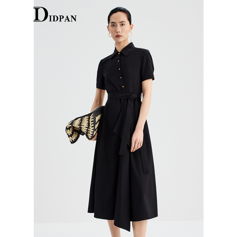 IDPAN连衣裙夏季新款设计感荷叶边裙摆高级感小黑裙通勤裙子