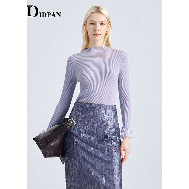 IDPAN渐变拼接花瓣袖显瘦羊毛衫半高领修身针织上衣2025冬季新款