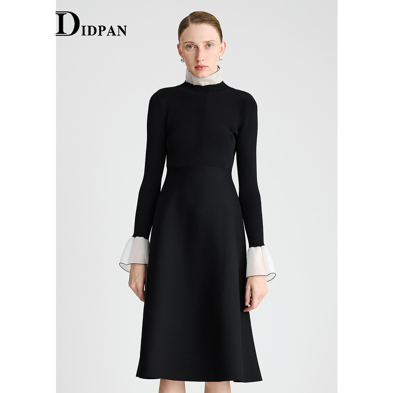 IDPAN针织连衣裙冬季新款假两件薄纱拼接修身显瘦黑色裙子女
