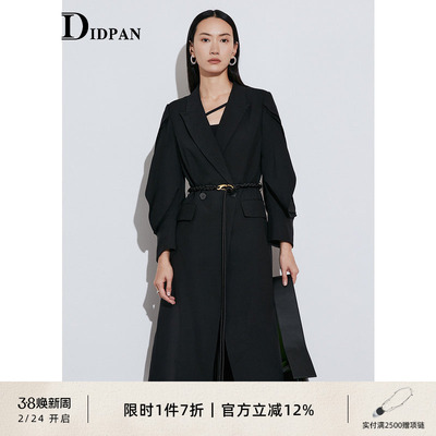 IDPAN女装修身黑色通勤长外套
