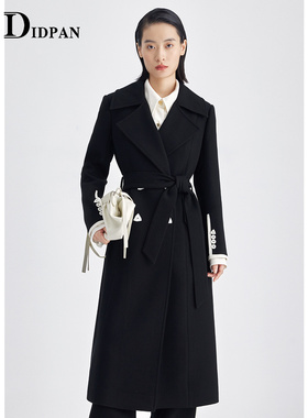 IDPAN中长款毛呢大衣女冬季新款时尚系带高级感流行风格气质外套