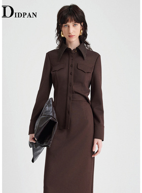 IDPAN衬衫式外套冬季新款复古通勤精致编织翻领设计小众上衣